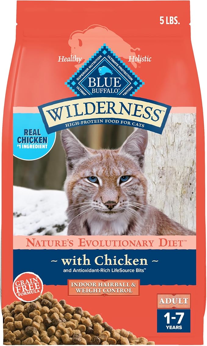 Blue Buffalo Wilderness High-Protein, Grain-Free Natural Dry Food for Adult Cats, Weight and Hairball Control, Chicken, 5-lb Bag