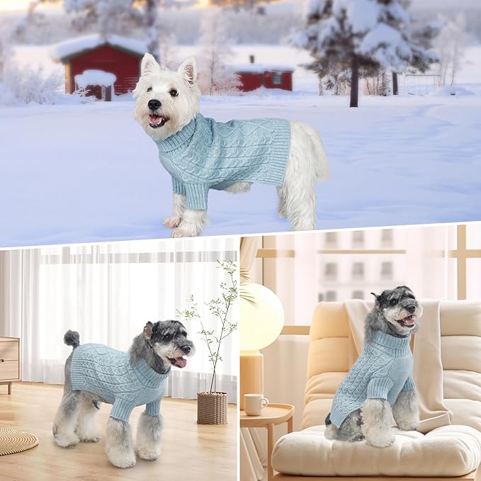 KYEESE Dog Sweater Stretchy Pet Sweater Warm Dogs Clothes with Long Sleeve Classic Cable Knit Turtleneck Dogs Coats, Soft Small Dog Sweater for Cold Weather, Blue, X-Small