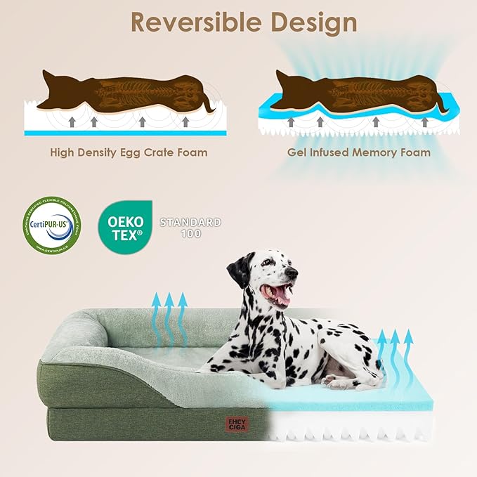 EHEYCIGA Memory Foam Dog Bed for Medium Size, Orthopedic Dog Sofa with Sides and Waterproof Liner, Washable Bolster Pet Couch with Removable Cover, 35x22x6.5 Inch, Green