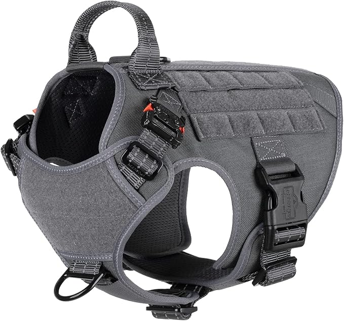 ICEFANG Tactical Dog Harness, Medium Size,2X Metal Buckle,Working Dog MOLLE Vest with Handle,No Pulling Front Leash Clip,Hook and Loop Panel (Grey,M (Pack of 1))