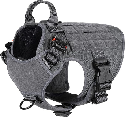ICEFANG Tactical Dog Harness, Medium Size,2X Metal Buckle,Working Dog MOLLE Vest with Handle,No Pulling Front Leash Clip,Hook and Loop Panel (Grey,M (Pack of 1))