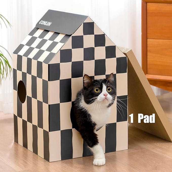 Cardboard Cat House with Scratch Pad & Catnip, Cat Play Scratching House for Indoor Hideaway Furniture, Heavy Duty Sturdy Cardboard Scratcher, Easy to Assemble Birthday Gift