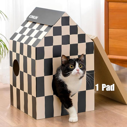 Cardboard Cat House with Scratch Pad & Catnip, Cat Play Scratching House for Indoor Hideaway Furniture, Heavy Duty Sturdy Cardboard Scratcher, Easy to Assemble Birthday Gift