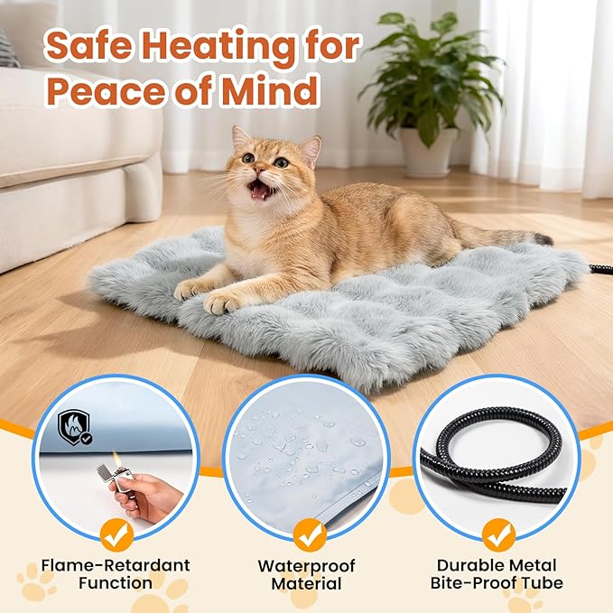Cat Heating Pad, Pet Heating Pad with Smart Thermostat, 12 Temp Levels & 0-12H Timer, Plush Fleece Cover, Waterproof & Chew Resistant, 18x18in for Cats and Small Dogs