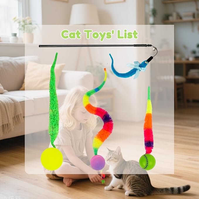 SHENGSEN Feather Wand Cat Toy,Bouncy Ball with Tail Cat Toys,Magic Worm with Large Colorful Ball Toy for Cats,Cat Feather Toys for Indoor Cats,Colorful Fuzzy Worm Bouncy Balls Cat Toy (ADM102-A-3A)