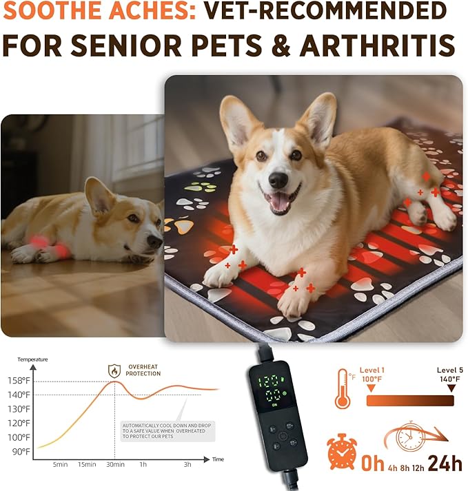 furrybaby Pet Heating Pad, Waterproof Dog Heating Pad Mat for Cat with Durable Anti-Bite Tube Indoor for Puppies Dogs Cats (1 Pack Black, 17 X 17in, Temp Adjustable)