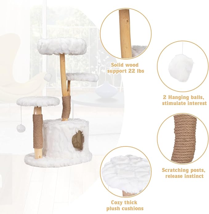 COZIWOW Cloud Cat Tree Tower, Solid Natural Wood Branches, Modern, Aesthetic, Unique, Cat-Approved, 34" L x 17.7" W x 41.7" H, White