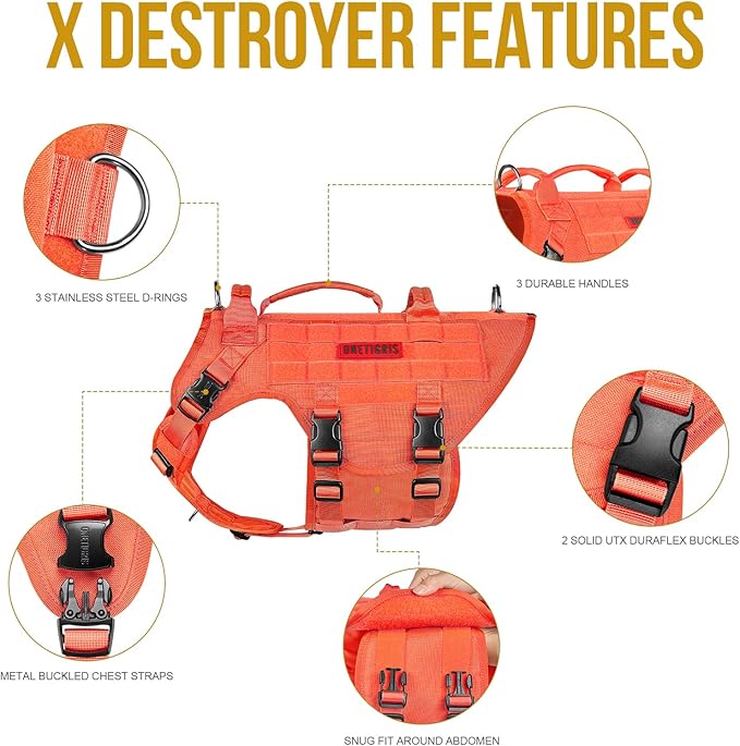 OneTigris Large Tactical Dog Harness, No Pulling Adjustable Dog Vest Harness, Heavy Duty Dog Harness with Handle, Large Hook and Loop Panels for Patch(Orange,XL)