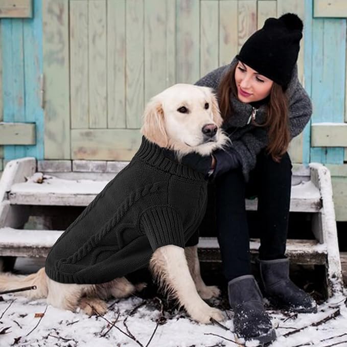 Queenmore Small Dog Pullover Sweater, Cold Weather Cable Knitwear, Classic Turtleneck Thick Warm Clothes for Chihuahua, Bulldog, Dachshund, Pug (Black, Small)