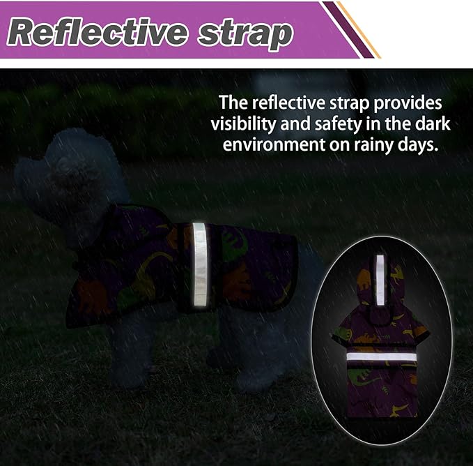KOOLTAIL Dog Raincoat Hooded Slicker Poncho with Leash Hole, Raincoat for Small Medium Dogs, Waterproof Doggie Rain Jacket with Reflective Strip, Adjustable Breathable Puppy Rainwear-Dinosaur Cartoon