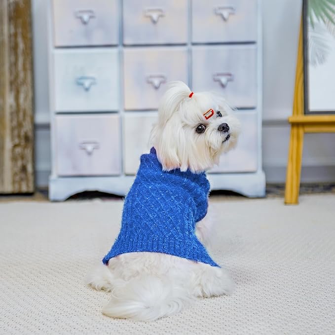 Turtleneck Small Dog Sweaters - Classic Cable Knitwear Winter Coat for Small Medium Dogs Male Female Puppy Dog Cold Weather Clothes Girls Boys, Blue, XS