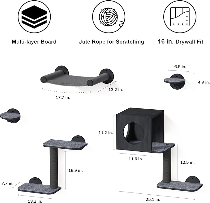 FUKUMARU Cat Wall Shelves, 5-Piece Stable Wooden Wall-Mounted Furniture Set, Kitty Climber with Hammock, House, Steps, Scratching Post (Black)