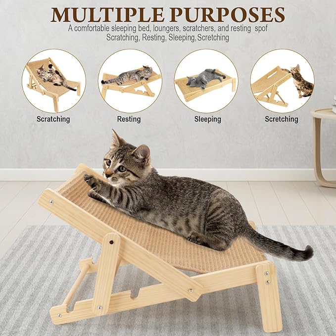 Sisal Cat Scratcher Bed with Adjustable 4-Position for Cats Scratcher Lounge, 2 in 1 Cat Sisal Chair for Indoor Cats Hammock for Scratching Pad, Natural Lounger Chair