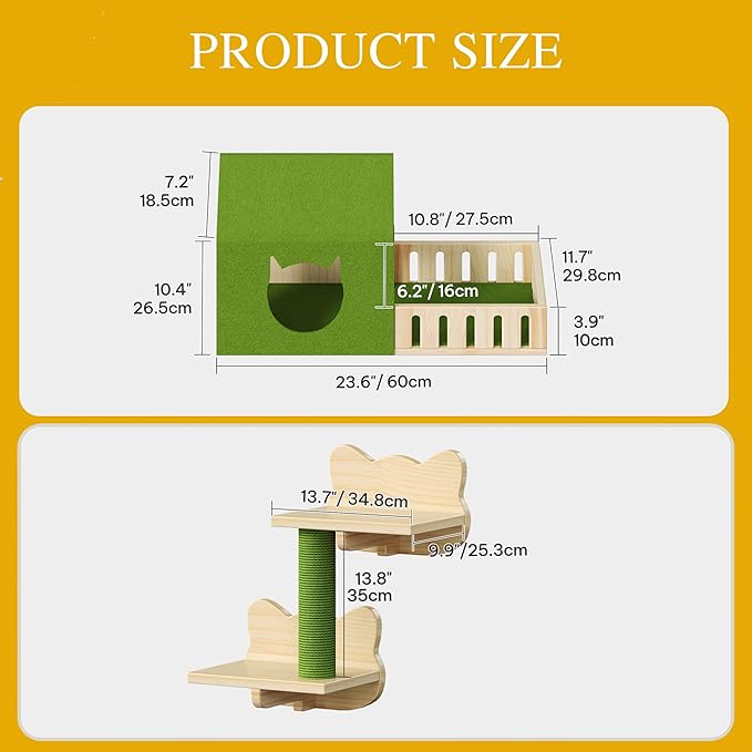 DWVO Cat Wall Shelves and Perches for Wall, Solid Wood Wall Mounted Cat Furniture, Set of 7 Cats Climbing Shelves for Large Cats with Green Wall House and Fence, Steps, Scratching Posts