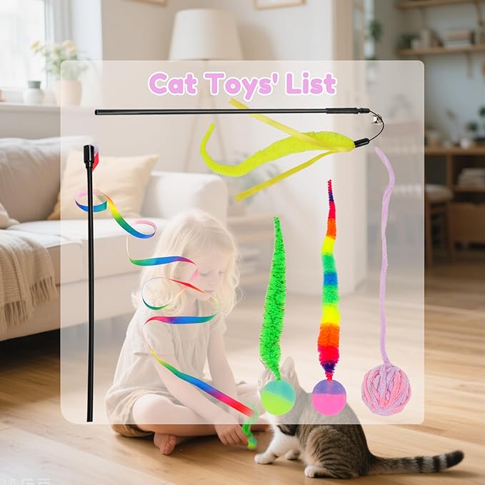 SHENGSEN Feather Wand Cat Toy,Bouncy Ball with Tail Cat Toys,Magic Worm with Large Colorful Ball Toy for Cats,Cat Feather Toys for Indoor Cats,Colorful Fuzzy Worm Bouncy Balls Cat Toy (ADM102-B-3B)