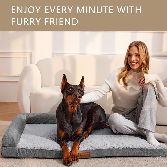 Patas Lague Orthopedic XL Dog Bed Large Sized Dog 42''X28'', Waterproof L Bolster Big Large Pet Sofa Beds with Removable Washable Cover, Soft Comfortable Pet Couch Crate Mat with Nonskid Bottom, Grey