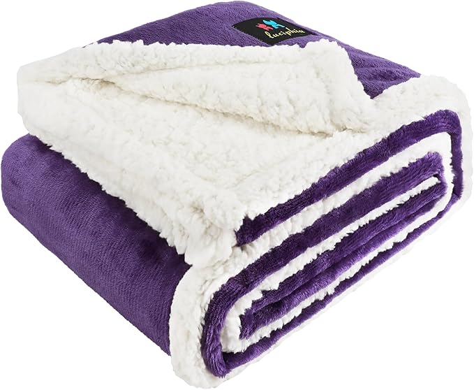 Luciphia Waterproof Bed Blanket Washable,Soft Sherpa Fleece Puppy Reversible Throw Blankets for Small Medium Dog Cat,Furniture Cover Protector Couch from Liquid Pee and Pet Fur,Purple White,57" x 40"