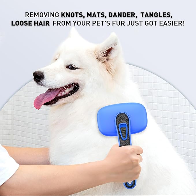 Dogs Cats Self Cleaning Slicker Brush for Shedding & Grooming Any Breed of Pets, Removes Loose, Undercoat, Mats, Tangled Hair for Small Medium Large Animal With Long Short Fur Length, Blue