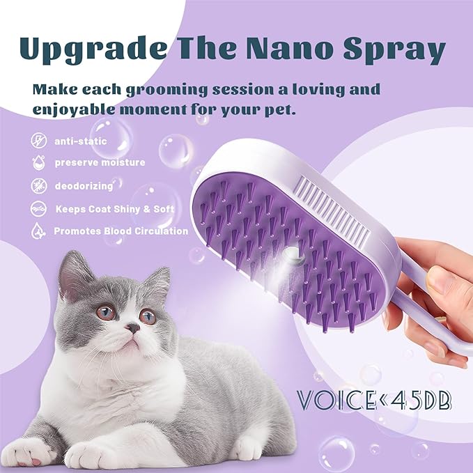 Cat Brush Cat Steam Brush Rechargeable Steamy Pet Grooming For Shedding, Water Spray Massage Brushs, Dog Hair Removal Self Cleaning Brushs Steamer Wet Spa Comb (Purple)