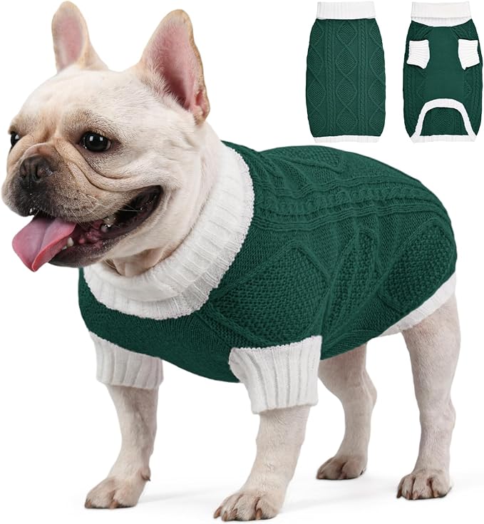 Dog Sweater for Medium Dogs Argyle Cable Knit Turtleneck Pullover Winter Clothes Boys Girls French Bulldog Dachshund Corgi Beagle Pug Pet (M, Green)