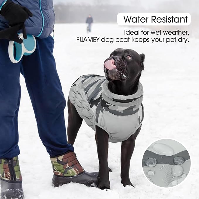 FUAMEY Dog Coat for Small Dogs,Waterproof Dog Winter Jacket with Harness Built in Puppy Cold Weather Coats Reflective Pet Vest with Zipper Warm Fleece Dogs Snowsuit Windproof Grey Camo XS