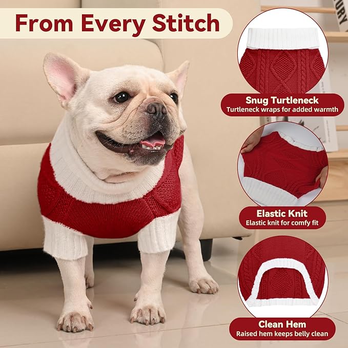 Dog Sweater for Medium Dogs Argyle Cable Knit Turtleneck Pullover Winter Clothes Boys Girls French Bulldog Dachshund Corgi Beagle Pug Pet (M, Red)