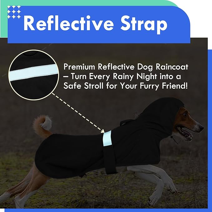 MIGOHI Dog Raincoat, Adjustable Large Dog Raincoat | Easy-On Hook & Loop Belly Straps, Adjustable Hind Leg Straps Dogs Rain Jacket, Machine Washable, Black, L