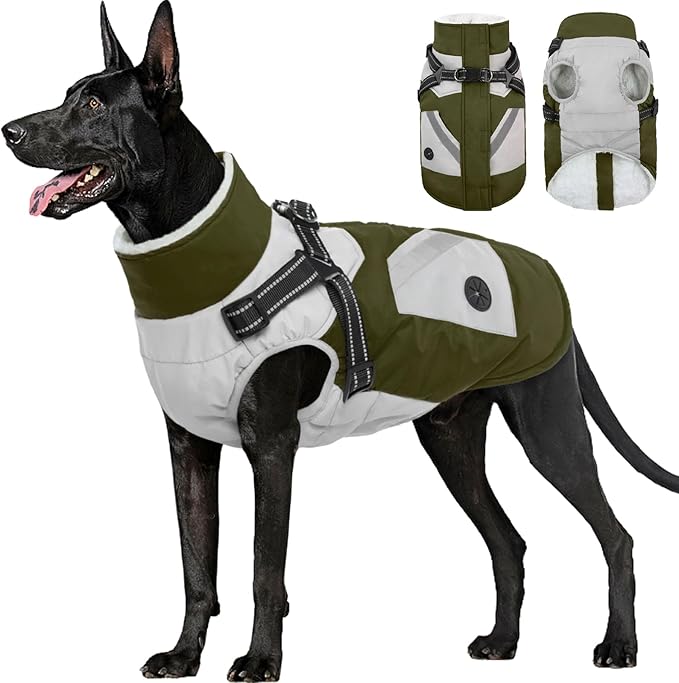 FUAMEY Dog Winter Jackets for Large Dogs,Dog Coat with Harness Built in,Waterproof Dogs Snowsuits Warm Pet Jacket Zip Up Fleece Cold Weather Coats Reflective Puppy Vest with Pocket Green 2XL