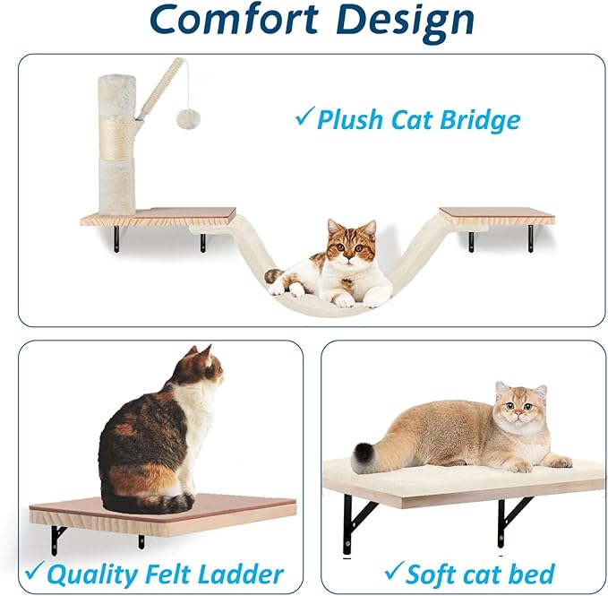 Cat Wall Shelves, Solid Wood Cat Wall Furniture Set, with Cats Bed, Hammock, Felt Ladder, Sisal Scratching Post & Ball (Beige)