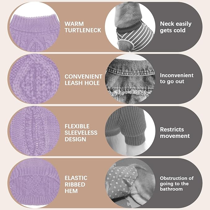 BINGPET Thermal Knitted Dog Sweater, Winter Dog Cat Coat, Warm Sweater for Small Medium Large Dogs, Classic Cable Knit Turtleneck Pullover, Purple, Medium/Large