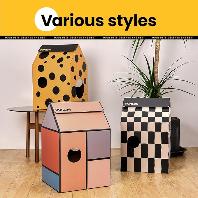 Cardboard Cat House with Scratch Pad & Catnip, Cat Play Scratching House for Indoor Hideaway Furniture, Heavy Duty Sturdy Cardboard Scratcher, Easy to Assemble Birthday Gift