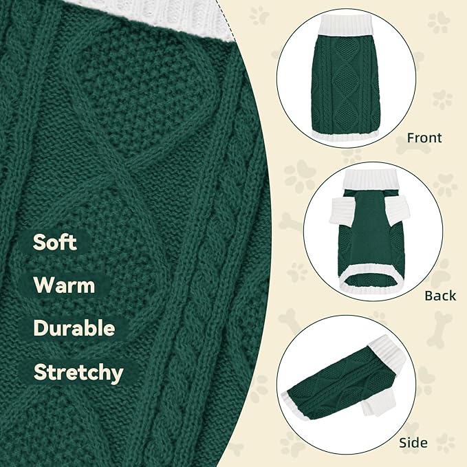 Dog Sweater for Small Dogs Argyle Cable Knit Turtleneck Pullover Winter Clothes Boys Girls Stretch Puppy Doggie Chihuahua Yorkie Pomeranian Toy Poodle Pet (XS, Green)