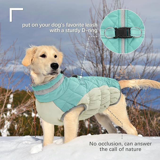 FUAMEY Dog Coat for Large Dogs,Waterproof Dog Winter Jacket with Harness Built in Puppy Cold Weather Coats Reflective Pet Vest with Zipper Warm Fleece Dogs Snowsuit Windproof Mint Green L
