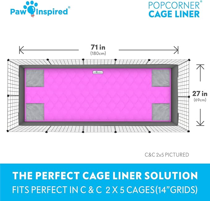 Paw Inspired PopCorner Guinea Pig Cage Liners | Washable Fleece Bedding or Pet Bed Mat for Small Animals | Super Absorbent Pee Pad with Reinforced Corners and Waterproof Bottom (C&C 2x5, Pink)