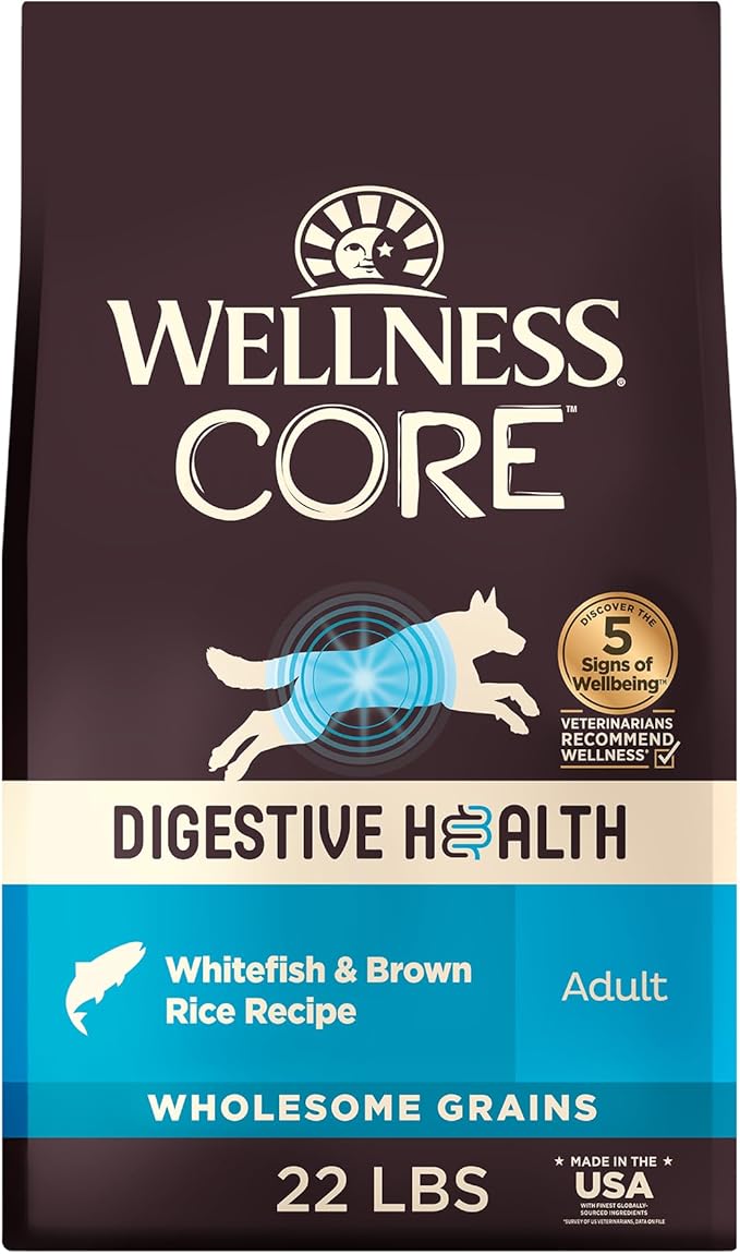 Wellness CORE Digestive Health Dry Dog Food, Wholesome Grains, Natural, Recipe for Dogs with Sensitive Stomachs, Whitefish & Brown Rice, (22-Pound Bag)