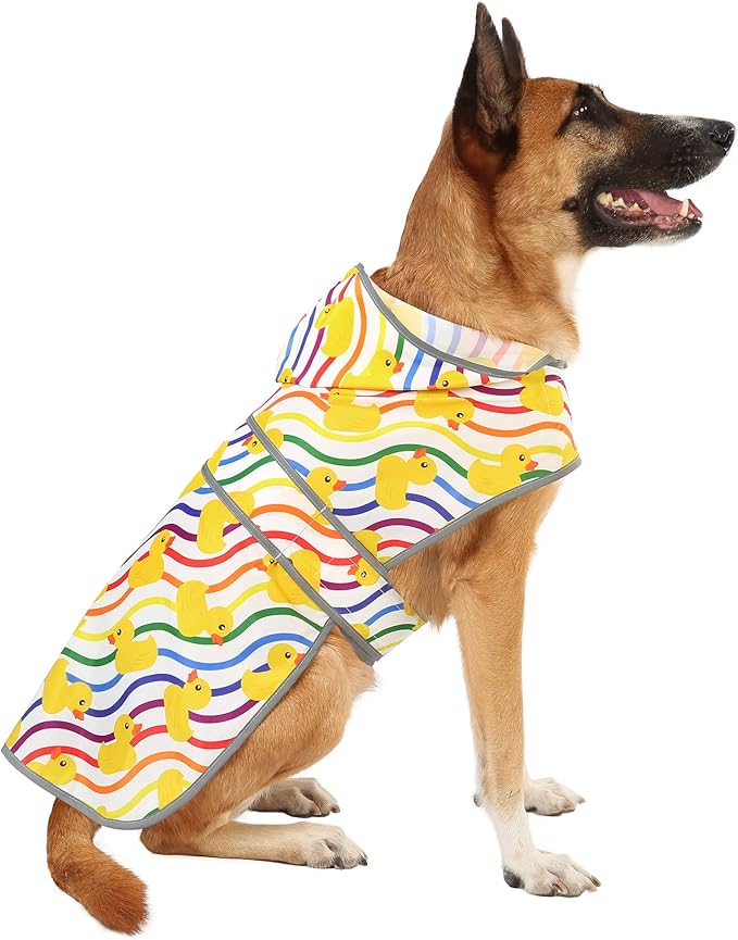 Dog Rain Coat for Large Dogs Waterproof Hooded Rain Jacket with Reflective Strips Leash Hole & Poncho Adjustable Fit (Rainbow,XXL)