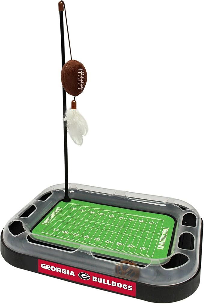 Pets First NCAA Georgia Bulldogs Football Field Cat Scratcher Toy with Catnip, Plush Football & Feather Cat Toys, Interactive Ball with Jingle Bell