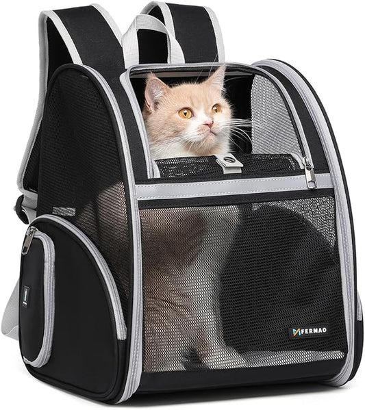 Cat Backpack Carrier Pet Backpack Carrier for Small Dogs and Medium cat Puppy Kitten Bunny up to 15lbs, Cat Carrying Backpack Collapsible with Fully Ventilated Mesh with Safety Leash (Black)
