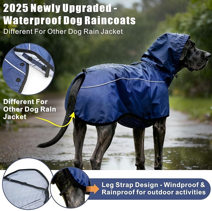 Mosucoirl Dog Raincoat Jacket Reflective Adjustable Hooded Pet Poncho Rain Coats with Leash Hole Waterproof Clothes for Small Medium Large Dogs (NavyBlue, XL)