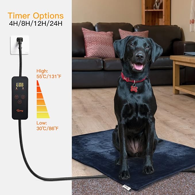Toozey Pet Heating Pad, 6 Adjustable Temperature Dog Cat Heating Pad with Timer, Waterproof Heated Dog Bed with Chew Resistant Cord, Indoor Electric Pet Heated Mat 28x20in