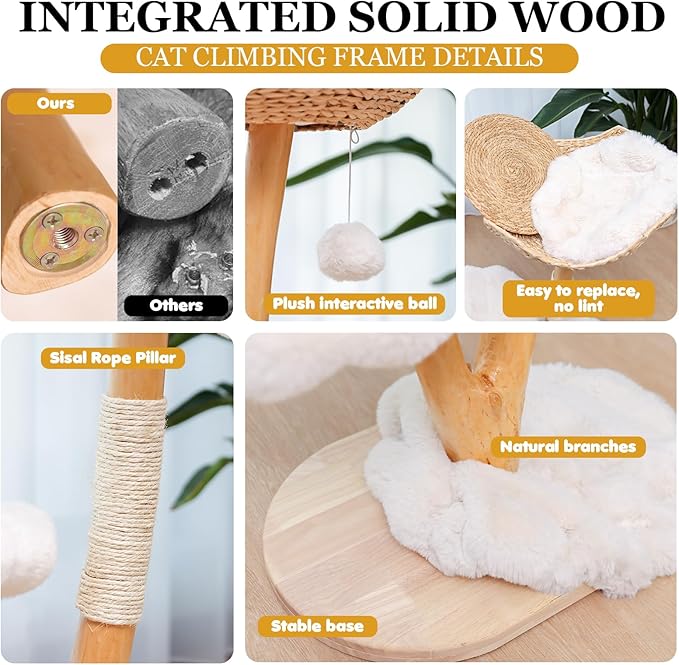 Solid Wood Cat Tower, Authentic Branch Cat Tree with Scratching Post and Cat Bed, Durable Furniture for Heavy Cats, for Cat Lovers, White
