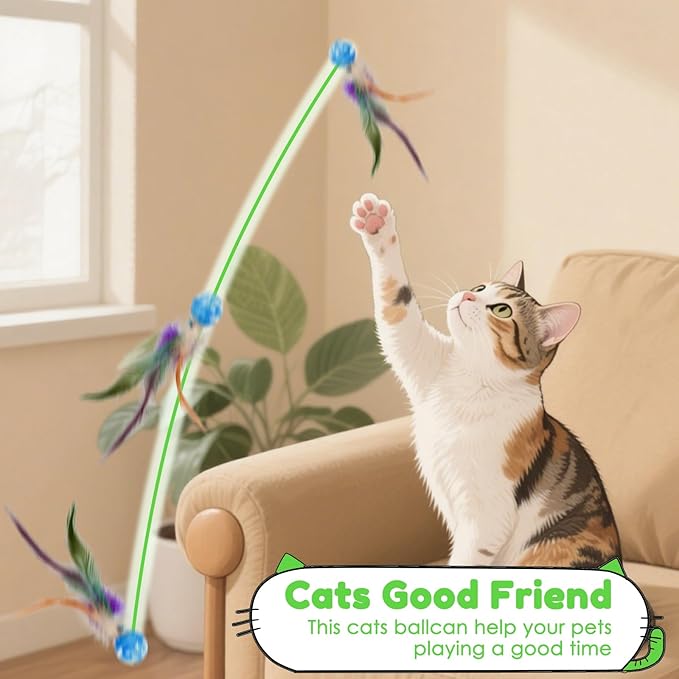SHENGSEN Feather Wand Cat Toy,Bouncy Ball with Tail Cat Toys,Magic Worm with Large Colorful Ball Toy for Cats,Cat Feather Toys for Indoor Cats,Colorful Fuzzy Worm Bouncy Balls Cat Toy (ADM102-A-5B)