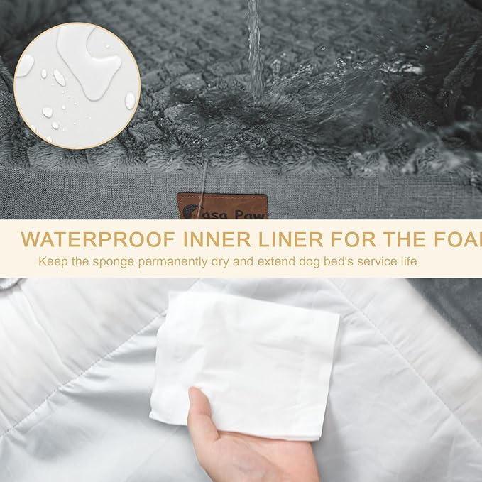 Orthopedic XL Dog Beds, Waterproof Memory Foam Big Bolster Pet Bed for Extra Large Sized Dogs 45x35Inch, Non-Slip Bottom and Egg-Crate Foam Dog Couch Bed with Washable Removable Cover, Grey