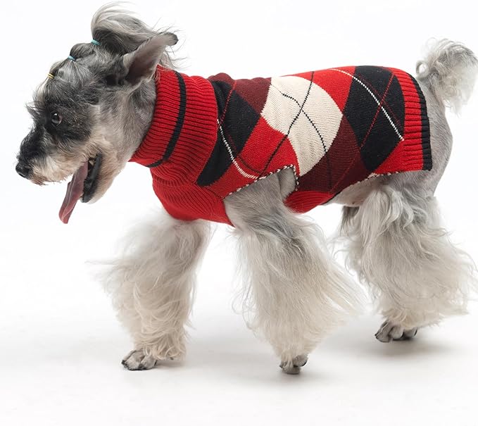 KOOLTAIL Dog Sweater Pet Knitted Clothes-Classic Plaid Pullover Turtleneck Red Fleece Dog Christmas Sweaters with Leash Hole, Thick Warm Dog Winter Clothes for Small Medium Large Dogs Cats Puppy, S