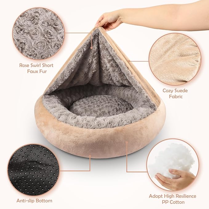 JOEJOY Dog Beds for Small Medium Dogs, Cozy Cuddler Luxury Puppy Pet Bed with Blanket Attached, Donut Round Calming Anti-Anxiety Dog Burrow Cave Bed - Anti-Slip Bottom and Machine Washable 26 inch