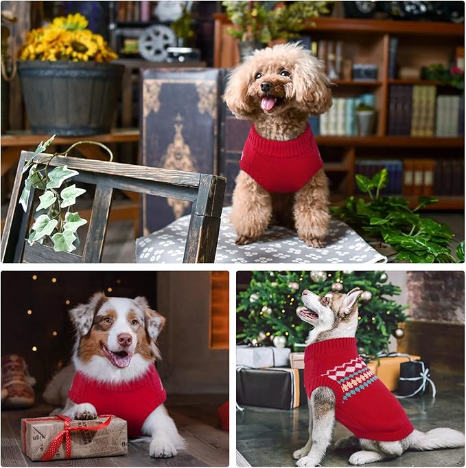 Kuoser Dog Sweater, Small Dog Sweater, Dogs Sweaters for Small Dogs Girl Boy, Thermal Puppy Christmas Sweaters Knitwear, Cold Weather Pet Winter Pullover Sweatshirt Apparel with Leash Hole, Red XS