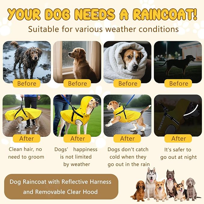 Dog Raincoat: Dog Rain Jacket with Reflective Harness & Removable Hood | Waterproof Dogs Rain Coat Poncho for Large Medium Small Dogs Puppies (Yellow - S)