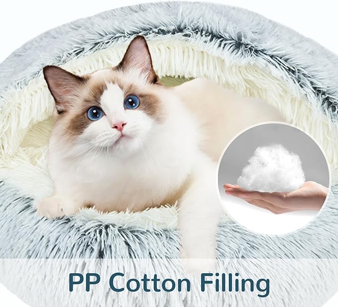 Calming Cat Beds, Fluffy Plush Round Cat Cave Washable, Cozy Warming Anti-Slip Small Dog Bed for Puppy and Kitten, Soft Anti Anxiety Pet Nest (20×20 inch, Grey)