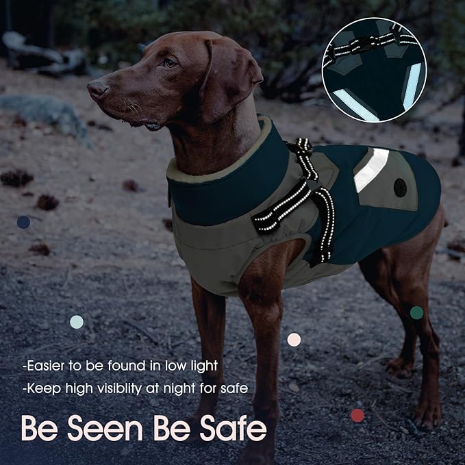 IECOii Dog Winter Coat with Harness Built in, Waterproof Windproof Dog Coats for Large Dogs, Thermal Fleece Cold Weather Jackets with Zip, Outdoor Warm Snow Jacket Reflective, Turquoise Green, XL
