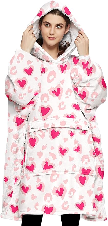 KFUBUO Wearable Blanket Hoodie for Adult Sherpa All Patterns Heart Oversized Hoodie Sweatshirt Blanket with Pockets Valentine Gifts for Her